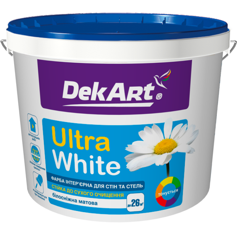 Фарба інтер"єрна для стін та стель ВДА "Ultra White", біла матова, ТМ "DekArt"-12,6кг